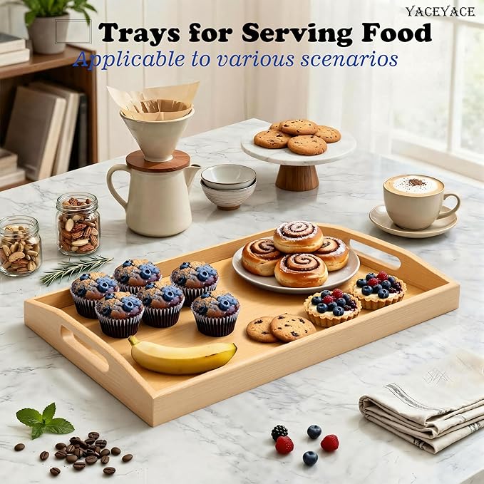 Ottoman Tray for Living Room, 15"x9.8"x2", Small Bamboo Serving Tray with Handles, Trays for Ottoman, Breakfast, Dining, Bar, Bathroom
