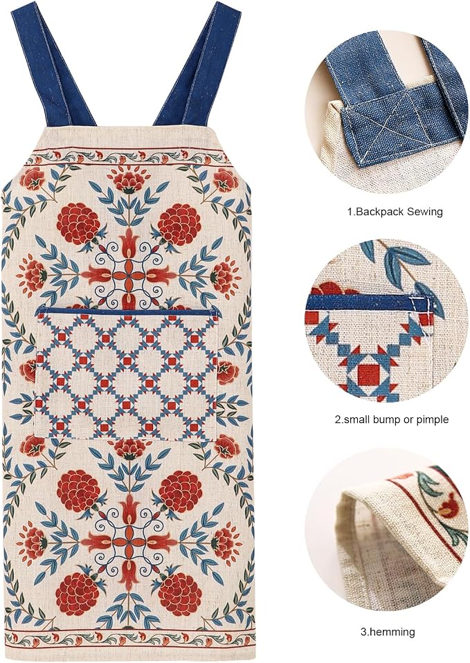 patdrea Blue Floral Linen Apron with Pocket,French Kitchen Garden Chef BBQ Aprons for Women and Men,Crisscross Back Straps - Image 4