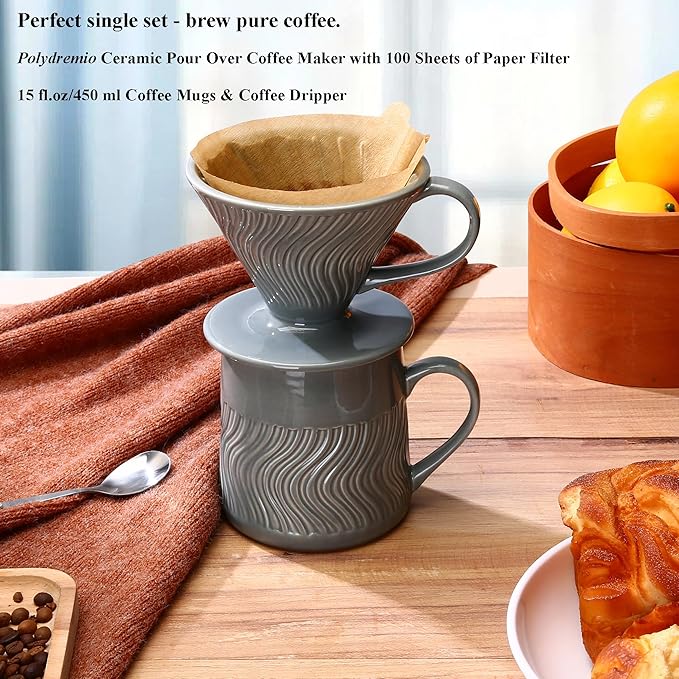 Pour Over Coffee Maker with 100 Sheets of Paper Filter, 15 oz Ceramic Coffee Mug & Coffee Dripper, 1 Cup-Single brew coffee set, Grey