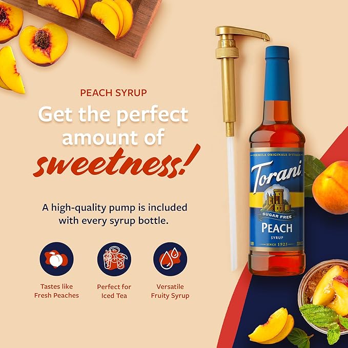 Torani Sugar Free Peach Syrup for Drinks, Zero-Calorie Flavoring for Iced Tea, Lemonade, and Sodas, Pump Included, 25.4 Oz