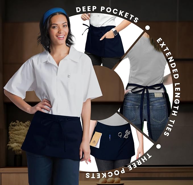 Avalon Kitchen Server Aprons with 3 Pockets, 100% Polyester Waist Apron with Pockets, 24x12 Inche Waitress Apron with Pockets - Image 3
