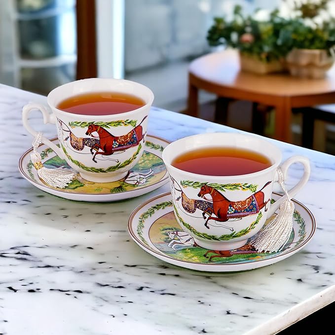 STP GOODS Bone China Tea/Coffee Cup and Saucer in Gift Box Fine Bone China Tea Cup and Saucer Set of One (Running Horse)
