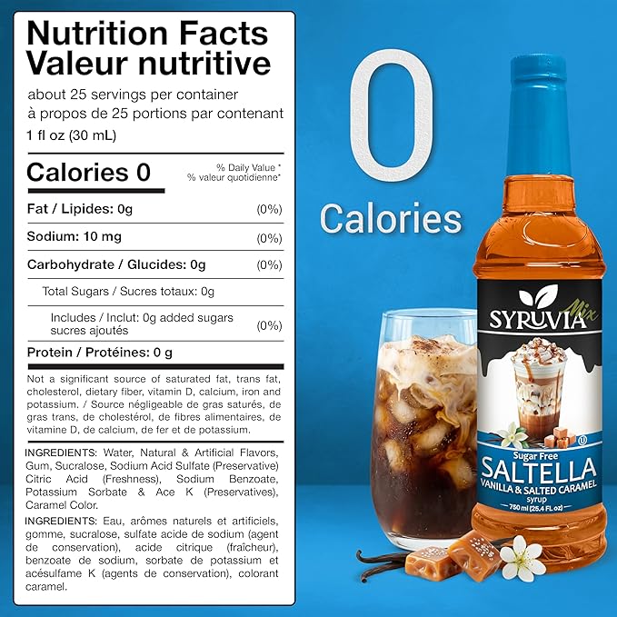 Syruvia Sugar Free Coffee Syrup, SALTELLA Syrup, Vanilla Salted Caramel Flavored Syrup for Drinks, Lattes, and Desserts – 25.4 fl oz