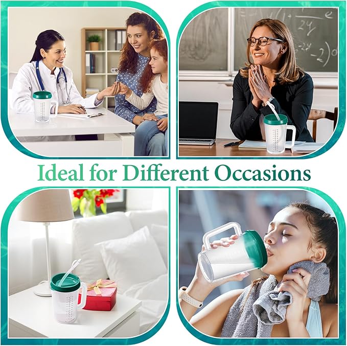 4 Pcs 20 oz Hospital Water Cup with Straw and Lid Insulated Double Walled Elderly Water Bottle Hospital Carafe Mug with Handle Graduated Plastic Drinking Sippy Cup for Adult(Green)