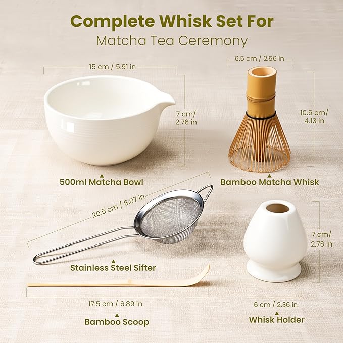 Matcha Whisk Set, Ceramic Bowl Matcha Kit & Handcrafted Bamboo Chasen, Complete 5 Pcs Matcha Set Whisk and Bowl, Stainless Steel Sifter, Bamboo Scoop & Holder for Matcha Lovers