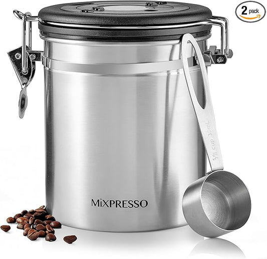 Mixpresso 16 Oz Stainless Steel Coffee Canister with Scoop – Airtight Coffee Container with CO2 Valve for Bean Storage, Date Tracker Lid