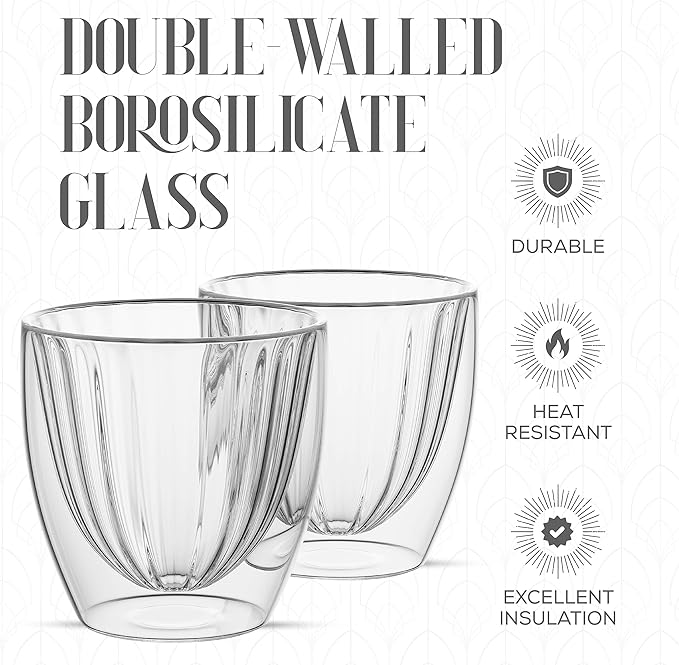 Elle Decor Ribbed Double Wall Coffee Cups, Set of 2 – 8 Oz Insulated Clear Glass Mugs for Espresso, Cappuccino, Latte & Tea, Heat Resistant Ribbed Design, Borosilicate Glass