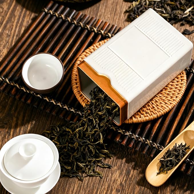 HAN SHENG Square Airtight Tea Tins - White, Food Storage Containers for Loose Tea, Coffee, Spices (5.9"x3.4"x2.8")