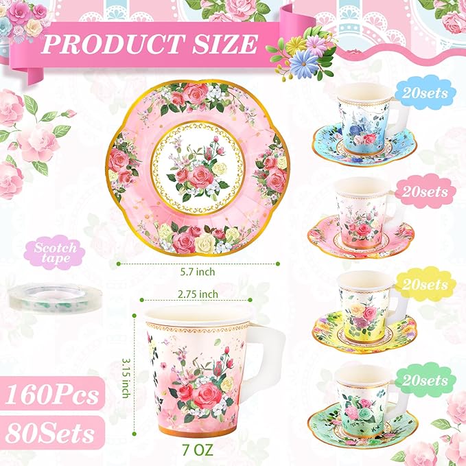 160 Pcs Floral Paper Tea Cups and Saucers 7 OZ Disposable Paper Tea Cups with Handle and Plates for Tea Party Decoration Birthday Baby Shower Bridal Wedding Mother's Day