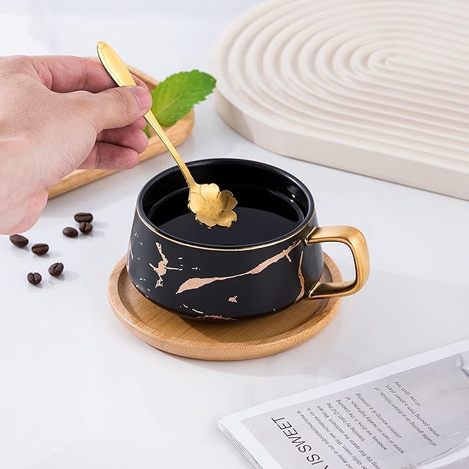 Jusalpha 2 Pack Golden Hand Print Black and White Teacup Coffee Cup with Bamboo Saucer and Spoon Set FDTCS19 (2, Black/White)