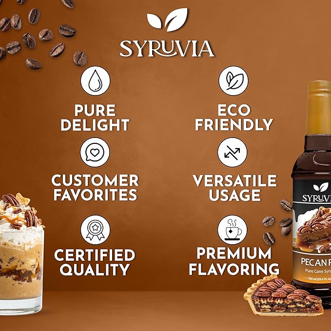 Syruvia Pecan Pie Coffee Syrup - 25.4 fl oz - Kosher Syrups, Gluten Free, No Coloring, Perfect for Drinks, Soda, Shakes & More With Syrup Pump
