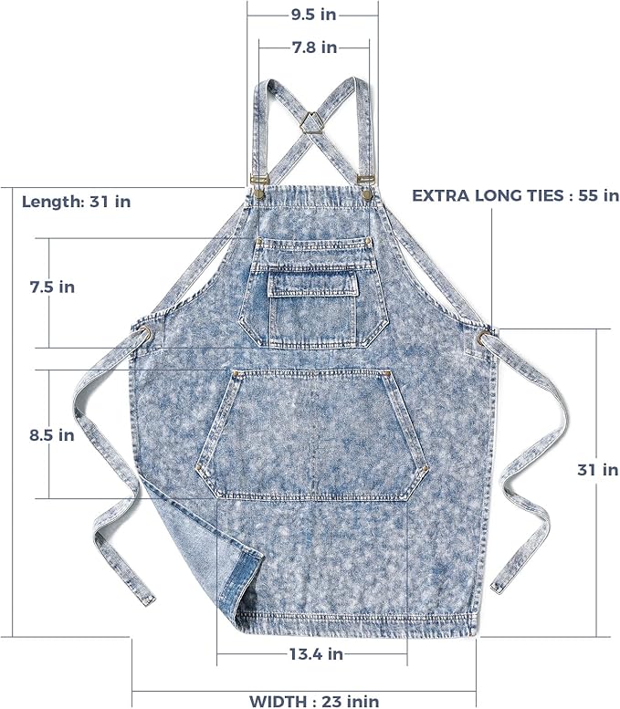 Denim Apron with Pockets for Hair Stylist Gardening Craftsmen Barista Women Hairdresser Jean Work Apron Cross Straps