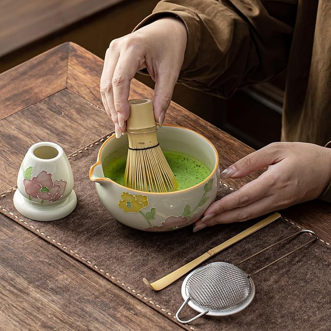 Matcha Set, Matcha Whisk Set Includes Hand-Drawn Matcha Bowl with Spout, Bamboo Whisk, Matcha Whisk Holder, Bamboo Scoop, Sifter - 5pcs Perfect Matcha Kit for Matcha Tea Ceremony