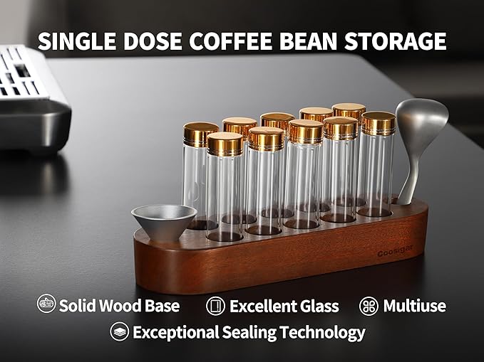 Coffee Bean Container, Single Dose Coffee Bean Storage,10PCS Coffee bean cellar container with wooden stand and funnel coffee spoon.(rose gold lids)