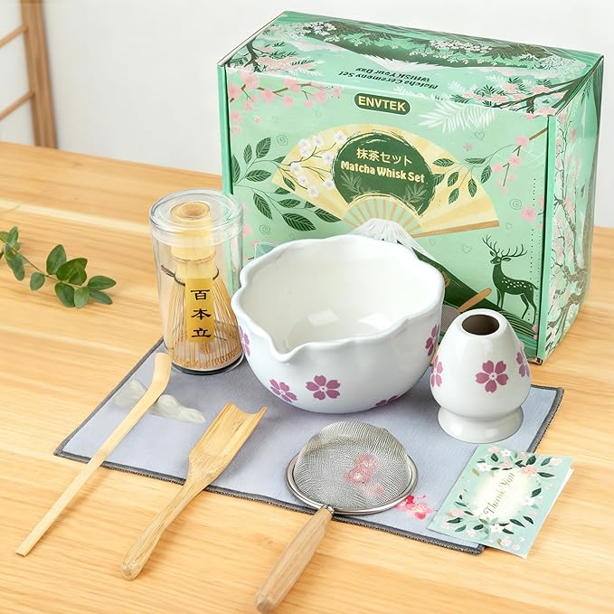 8Pcs Matcha Whisk Set with Floral Ceramic Matcha Bowl, Wooden-Handled Sifter, Bamboo Whisk, Whisk Holder, Bamboo Scoop, Scoop Rest, Spoon, Tea Towel, Greeting card, Gift for Beginners