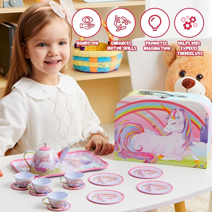 JOYIN Unicorn Tea Party Set for Little Girls, Pretend Pink Tin Teapot Set, Princess Tea Time Play Kitchen Toy with Teapot, Cup, Plate, Carrying Case for Kids Toddlers Age 3 4 5 6, Easter Birthday Gift