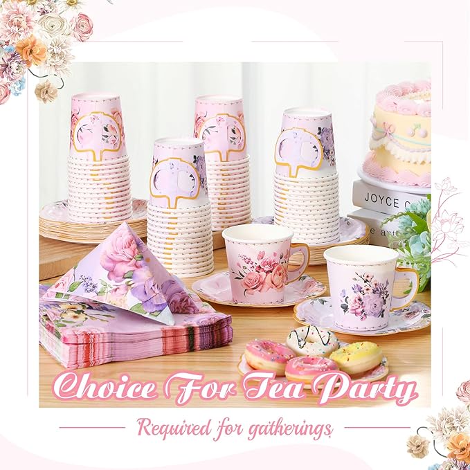 Umigy 60 Sets Tea Party Decorations 6.5 oz Floral Paper Tea Cups with Plates Paper Napkins Disposable Blossom Teacups and Saucers Sets for Girls Kid Birthday Garden Wedding Party Supplies(Graceful)