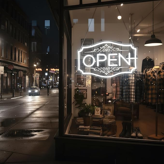 22" x 13" Open Sign for Business, LED Dimmable Neon Open Sign with 12V/2A Adapter, White, Bright LED to Light Up Storefronts, Windows & Walls