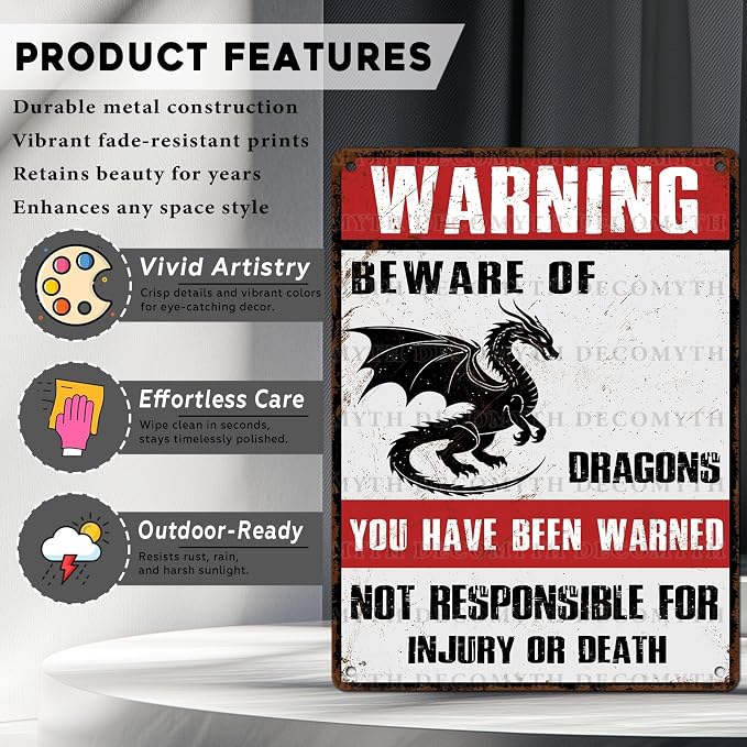 Beware of Dragons Retro Metal Tin Sign for Garden Kitchen Office Home Bar Cafe Decor 12 * 16inch - Image 2