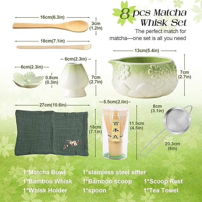 8 PCS Matcha Whisk Set, Green Matcha Kit Set WithCherry Blossom Embossed Pattern Includes Bowl with Spout, Bamboo Whisk, Ceramic Holder, Bamboo Scoop x2, Scoop Rest, Stainless Sifter and Tea Towel