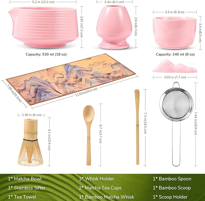 HELPLX Matcha Whisk Set, 10-Piece Japanese Matcha Kit with Bowl, Whisk & Holder, 2 Tea Cups, Bamboo Scoop, Spoon, Sifter, Scoop Rest & Tea Towel – Pink Matcha Tea Set for Ceremony or Daily Use