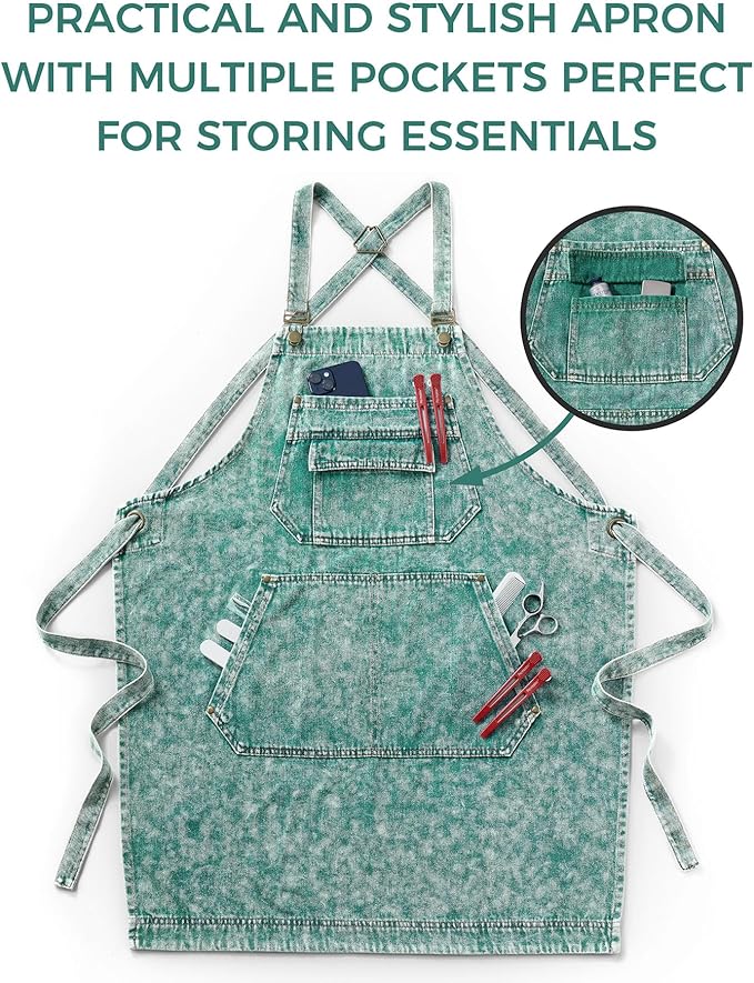 Denim Apron with Pockets for Hair Stylist Gardening Craftsmen Barista Women Hairdresser Jean Work Apron Cross Straps