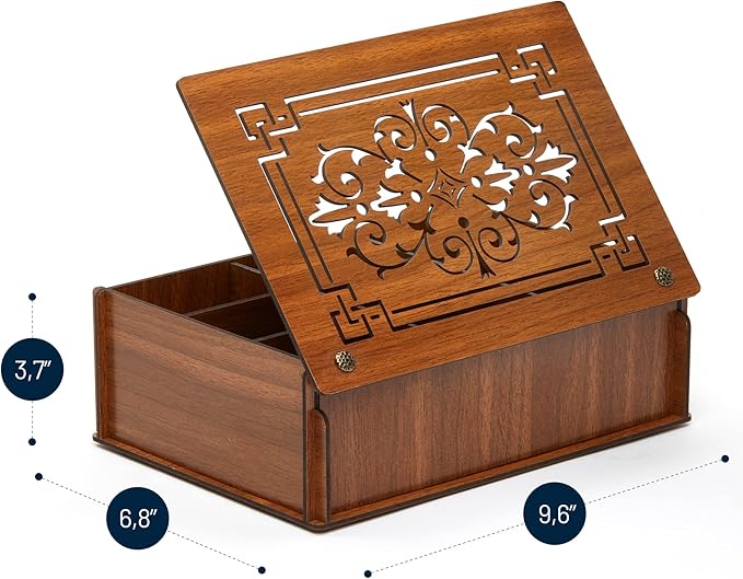 RoyalHouse Premium Wood (Hard MDF) Tea Storage Box Organizer (Brown), Eco-Friendly Multi-Functional Decorative Box, 9 Compartments For Assorted Variety Of Tea Bags and Small Items