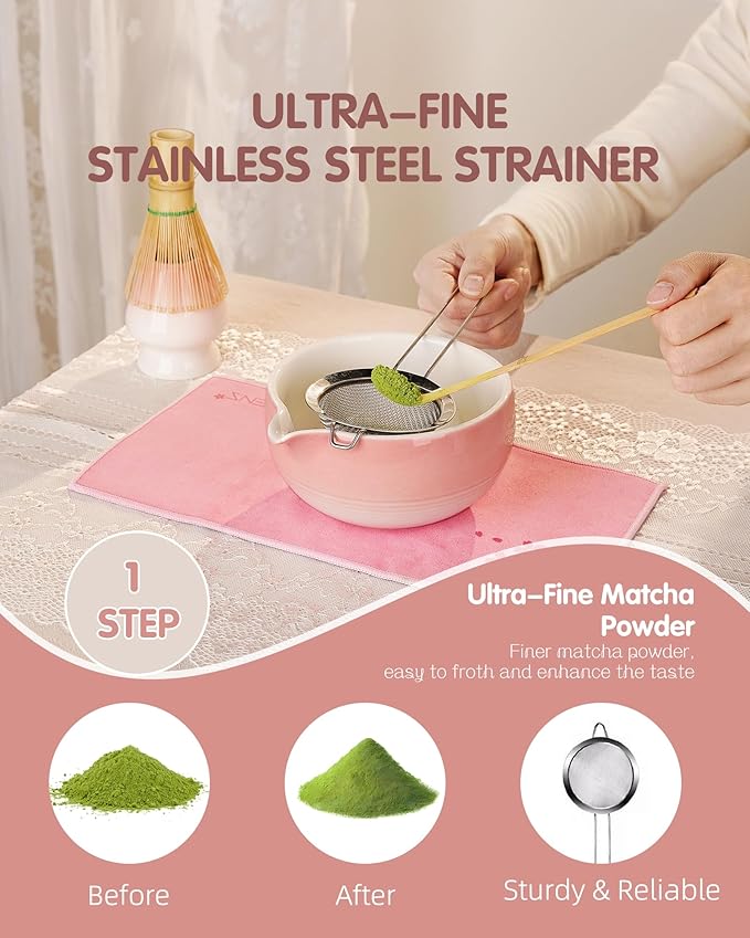 ZENS Pink Matcha Set, 6pcs Matcha Kit Includes Ceramic Bowl, Handcrafted Bamboo Whisk and Chasen Holder, Scoop, 304 Sifter & Tea Mat, Matcha Whisk Set Gift for Matcha Lovers