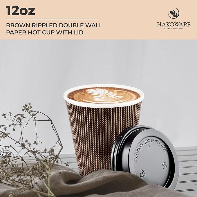 [100 SET]Harvest Pack 12 oz Disposable Coffee Cups, Insulated Ripple Double-Walled Paper Cup with Lids, Brown Geometric, Tea Hot Chocolate Drinks To go coffee cups