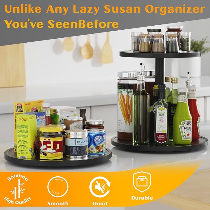Lazy Susan Organizer Homerays 12 Inch Non-Skid Bamboo Lazy Susan for Kitchen Rotating Spice Rack for Kitchen Cabinet, Wood Turntable for Kitchen Countertop Organizer Black - Image 4