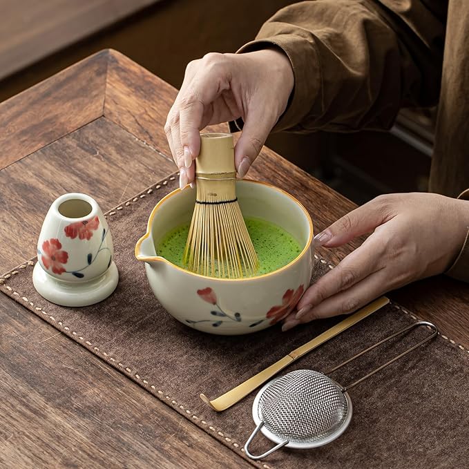 Matcha Set, Matcha Whisk Set Includes Hand-Drawn Matcha Bowl with Spout, Bamboo Whisk, Matcha Whisk Holder, Bamboo Scoop, Sifter - 5pcs Perfect Matcha Kit for Matcha Tea Ceremony