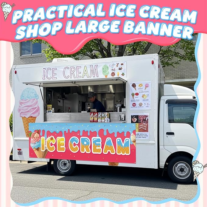 Tegeme Ice Cream Banners Sign 3 x 10 ft/ 36 x 120 Inches Ice Cream Flag Oxford Fabric Banners with 10 Holes for Business Store Outside