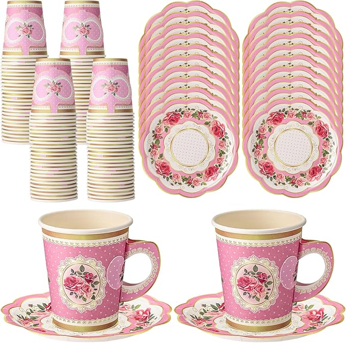 Tioncy 100 Pcs Tea Party Decorations Include 50 Pieces 9 oz Paper Tea Cups with Handle and 50 Plates Disposable Teacups and Saucers Sets for Birthday(Floral)
