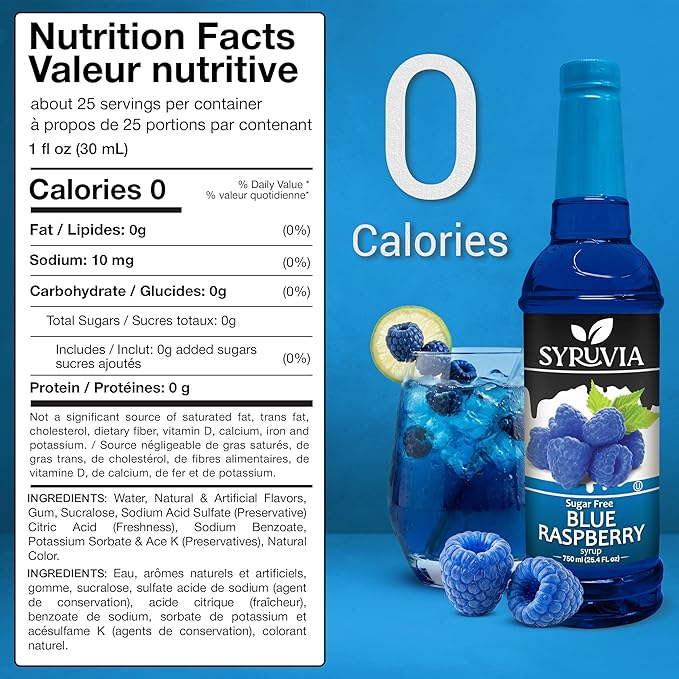 Syruvia Sugar-Free Blue Raspberry Syrup, Flavored Syrup for Drinks, Cocktails, Lemonades, Iced Teas, and Desserts – 25.4 fl oz