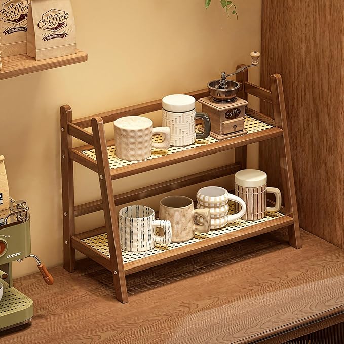 Coffee Station Organizer, Mug Holder Countertop, Kitchen Counter Shelf for Tea Coffee Bar Accessories, Matcha Stand, Cup Display, Condiment Storage Rack, 2 Tier, Brown - Image 4