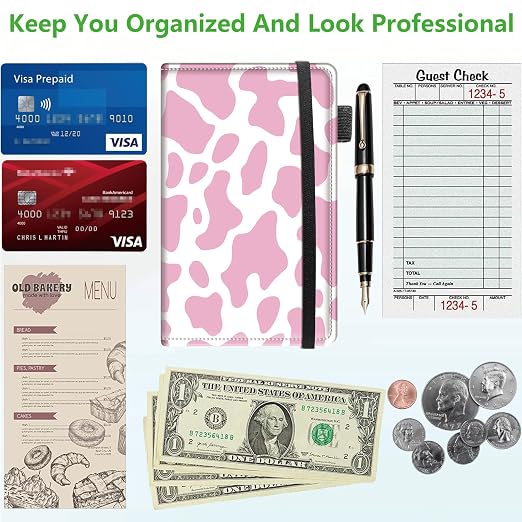Server Books for Waitress, 5x9 Inch Waitstaff Server Order Pads, 11 Large Pockets, Cute PU Leather Waitress Book Server Wallet with Elastic Band Fit Server Apron,Pink Cow Prints - Image 5