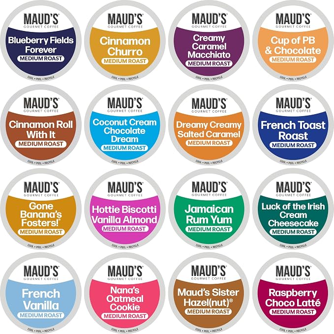 Maud's Super Flavored Coffee Pods Variety Pack, 80 ct, 16 Assorted Flavors, Medium Roast Flavored Coffee in Single Serve Pods – 100% Arabica Beans, Compatible with Keurig K Cups Maker by MAUDSCOFFEETEA