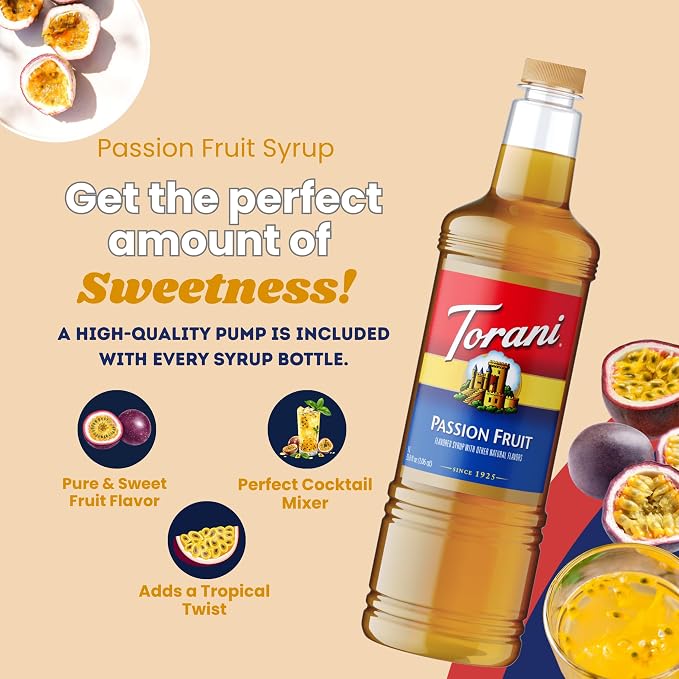 Torani Passion Fruit Syrup 1 Liter Bottle with Pump – Juicy Tropical Flavoring for Cocktails, Iced Drinks, Teas & Lemonades, Pure Cane Sugar Syrup, Mess-Free Pump Dispensing for Home & Café Creations - Image 5