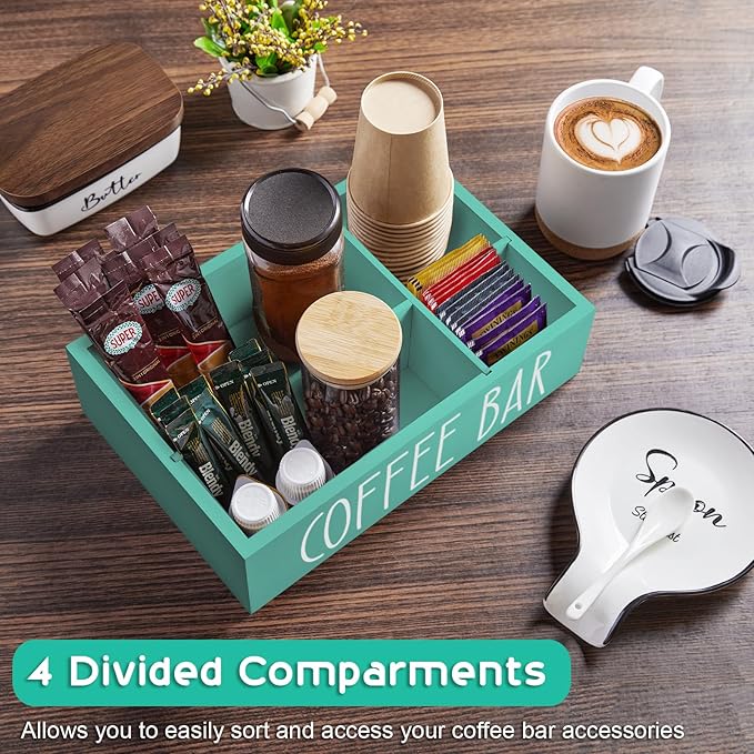 ALELION Turquoise Coffee Station Organizer with Removable Dividers - K Cup Pod Holder Storage Basket for Sugar, Tea - Teal Coffee Bar Kitchen Decor Accessories Organizer for Countertop