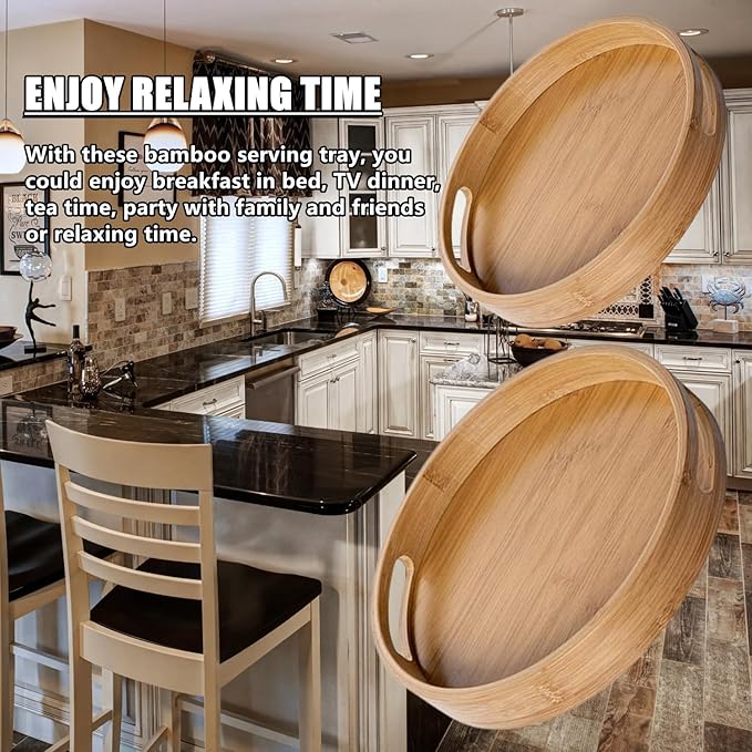 RHBLME 2 Pack Round Wood Tray - 12 Inch & 14 Inch, Handles, Decorative Ottoman Bamboo Serve Tray for Food, Cocktail, Drink