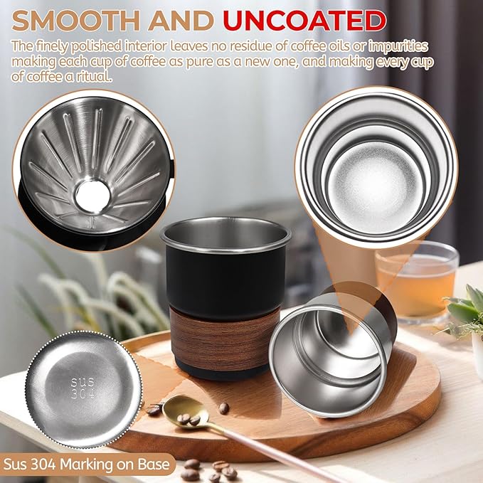 Pour Over Coffee Maker 300ml Portable Cup 304 Thickened Stainless Steel Drip Coffeemaker Set with 50pcs V60 Cone Paper Filters Hand Brew Dripper Carafe for Home Camping Travel 10.2oz Black
