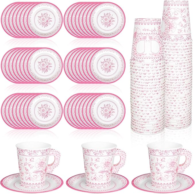 Whaline 80 Pcs Pink White Floral Paper Tea Cups and Saucers Porcelain Chinoiserie Flower 9oz Disposable 40 Teacups with Handle and 40 Dessert Plates for Wedding Baby Shower Birthday Spring Tea Party
