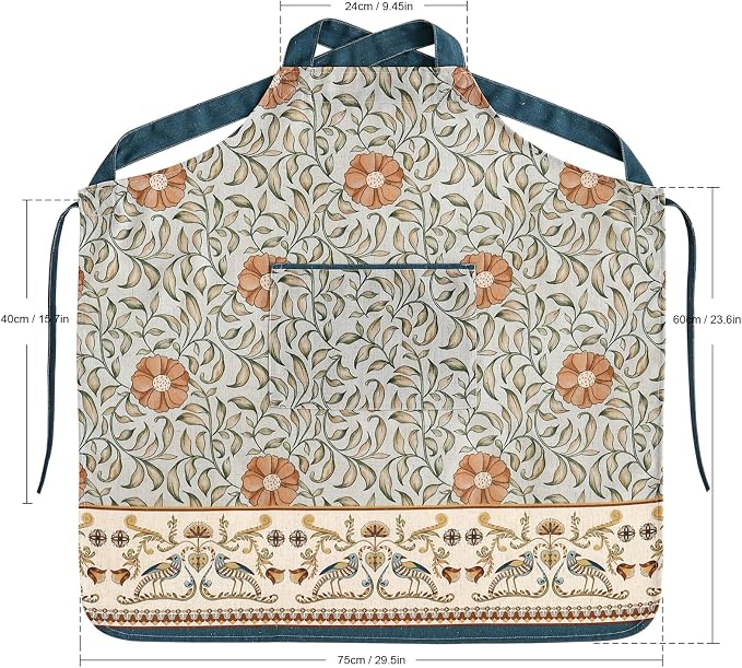 patdrea Blue Floral Linen Apron with Pocket,French Kitchen Garden Chef BBQ Aprons for Women and Men,Crisscross Back Straps - Image 6