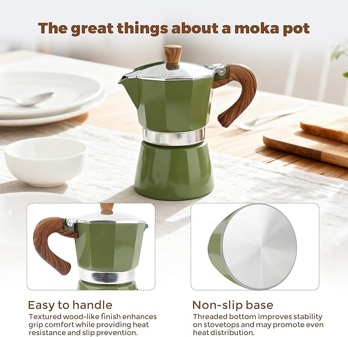 ShanSon Moka Pot Stovetop Espresso Maker 3 Cup 5 oz Italian Coffee Maker Manual Cuban Coffee Percolator Machine Italian Espresso Greca Coffee Maker for Cappuccino or Latte,Green