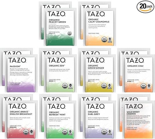 Tazo Tea Bags Sampler 20 Count Variety Gift Box, 10 Different Flavors | Sampler, Variety, Gift Box