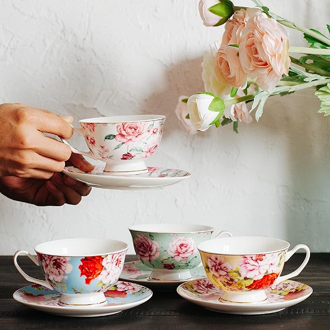 BTaT- Floral Tea Cups and Saucers with Gift Box, 8 oz, Tea Cups Set of 4