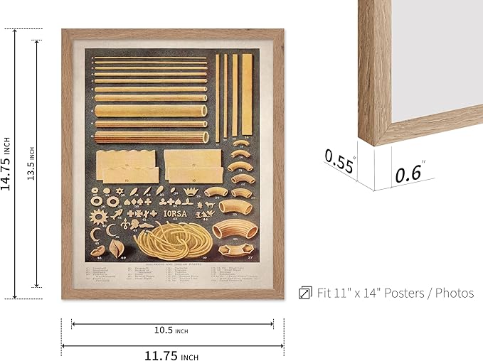 Poster Master Vintage Food & Drink Poster - Retro Pasta Print - Varieties of Pasta Art - Gift for Him, Her, Chef, Cook - Great Decor for Restaurant, Kitchen, Dining Room, 11x14 Beige Framed