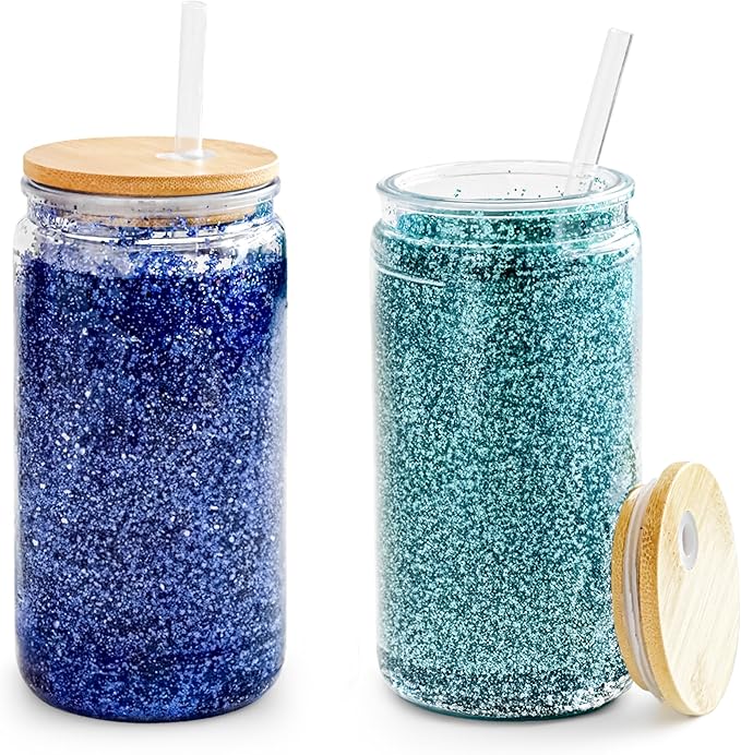 2 Pack Acrylic Snow Globe Tumbler with Bamboo Lids and Straws 16 oz Plastic Snowglobe Tumbler with Pre Drilled Hole Clear Double Wall Snowglobe Cups for Snow Globe Glitter DIY