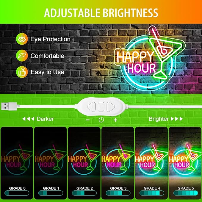 Basaneon Happy Hour Neon Sign Dimmable Led Happy Hour Neon Bar Signs for Home Bar, USB Powered Bright Cocktails Happy Hour Neon Signs for Wall Decor Bar Pub Man Cave Party Art Decor(14.1*12.5inches)