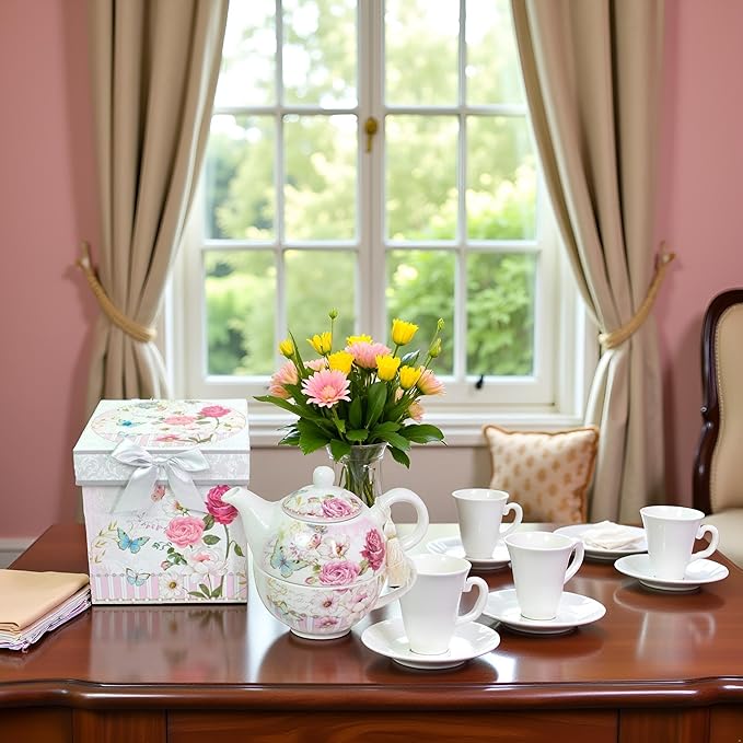 Lightahead Bone China Tea for One Set in Rose Design, in attractive Reusable Handmade Gift Box (With Ribbon)